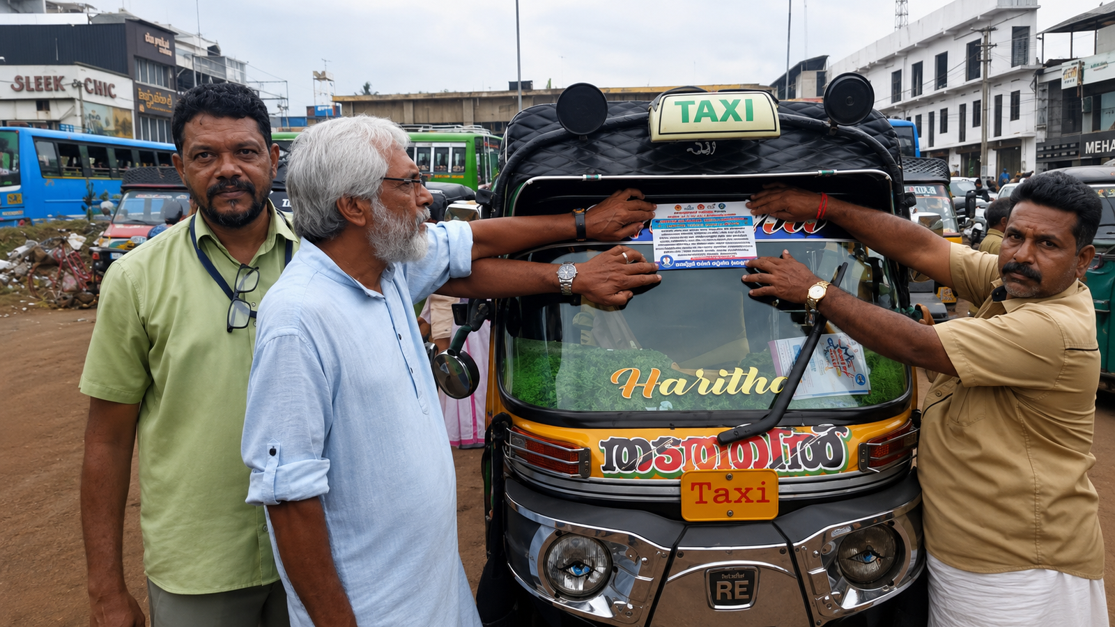Volunteers placing a notice on an auto-rickshaw
