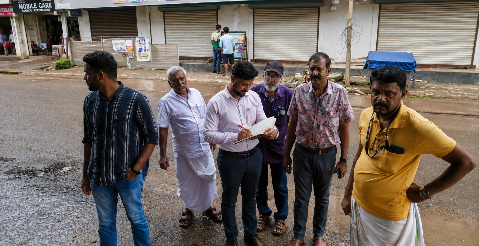 Volunteers surveying a street after rain