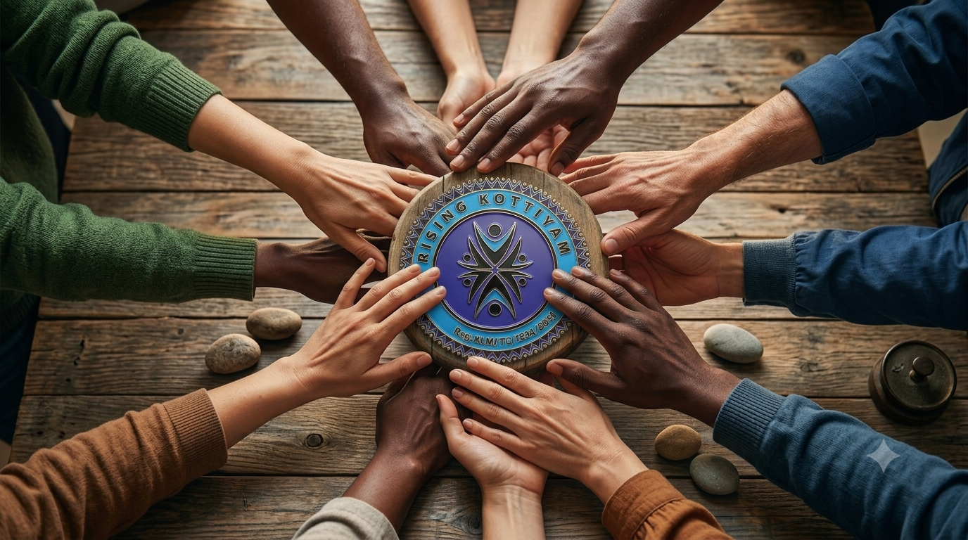 Volunteers' hands joined together around the Rising Kottiyam emblem