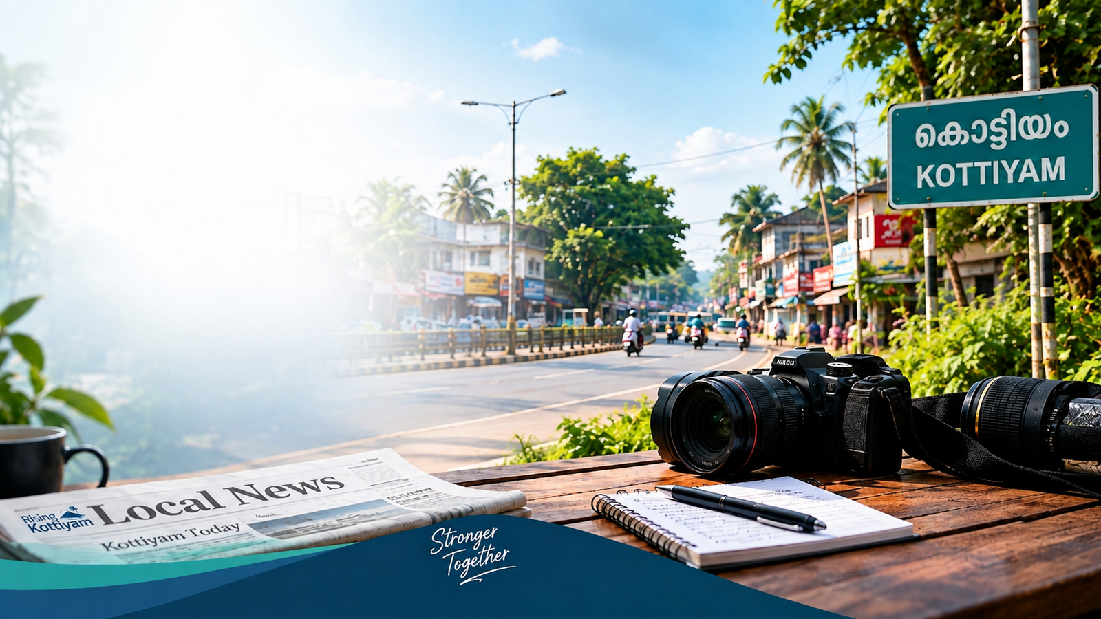 Desk scene overlooking Kottiyam town with newspaper, camera and phone showing Rising Kottiyam news